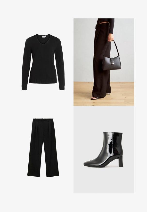 Pulover negru cu decolteu în V, realizat dintr-un material moale, având mâneci lungi, tiv și manșete strâmte, cu un design simplu și clasic.; Pantaloni negri cu picioare largi și pliseuri, având o textură netedă și un design cu talie înaltă. Stil minimalist, fără accesorii sau detalii vizibile.; Botine negre din piele lacuită, cu vârful ascuțit și toc bloc de înălțime medie. Textură netedă și design minimalist.; Genți negre cu o formă structurată, textură netedă și un închizător metalic. Asortată cu pantaloni negri largi și sandale cu vârf deschis pe un podea din lemn.