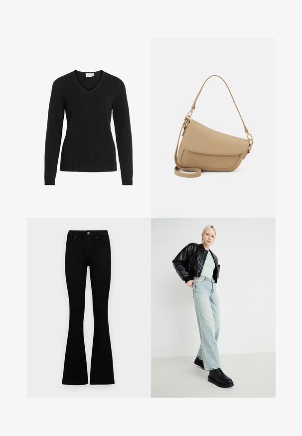 Must have mustra, pehmeko kootud must V-kaelusega sviiter, millel on pikad varrukad, soonikust ääred ja lihtne ning klassikaline disain.; Mustad kõrge vöökohtadega teksad, millel on nööp ja lukuga sulgemine, esikäe taskud ja laienevad sääred, asetatud tasasele valgele taustale.; Mustast nahast pommijakk, piparmündiroheline särk, helesinised laiad teksad ja mustad nööbitavad kingad, minimaalses taustas.; Even&Odd Käekott - beige