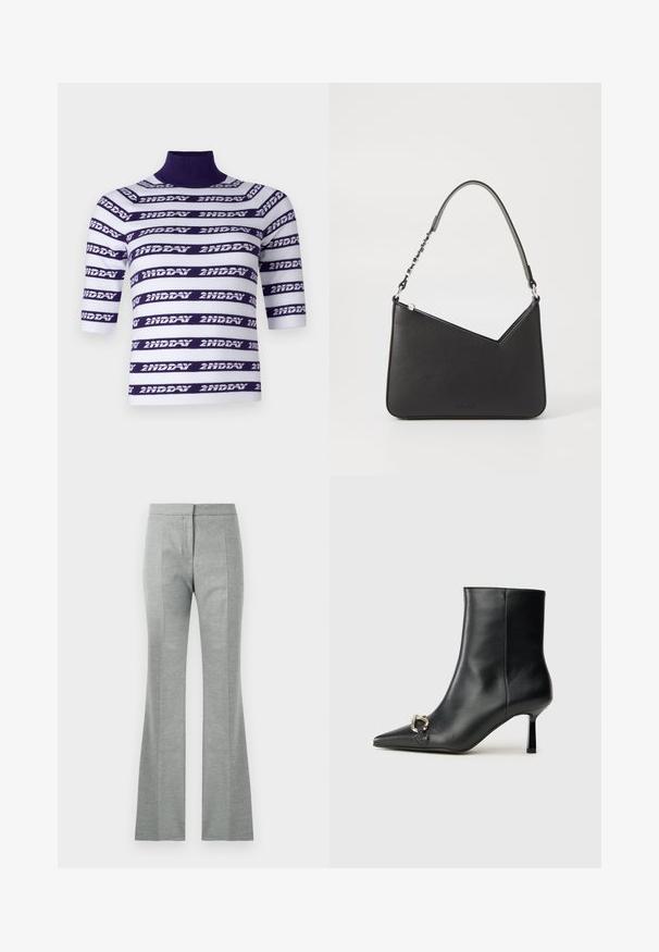 Pleteni kratkotrajni top z visokim ovratnikom, ki ima vodoravne bele in vijolične črte, okrašen z написом "2ND DAY."; Sive flared hlače z navpičnimi šivi, narejene iz mehkega, teksturiranega materiala. Imajo oprijet pas in gladek zaključek.; Črne usnjene gležnjarje s koničastim nosom, ozkim srednjem petam in srebrno zaponko na strani na enobarvni podlagi.; Črna usnjena torbica s trikotno obliko, ozkim trakom in srebrnimi dodatki. Ima zadrgo in vtisnjen logotip spredaj.