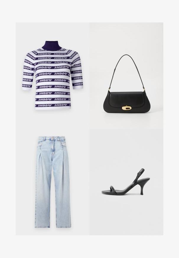 Top en tricot à manches courtes avec un col montant, présentant des rayures horizontales blanches et violettes ornées du texte "2ND DAY."; Jeans en denim bleu clair avec taille haute, coupe large, deux poches latérales et design plissé. Texture douce avec une finition décolorée.; Sandales à talons hauts en cuir noir avec un talon fin et courbé et un design de brides croisées. Bride de cheville réglable. Texture lisse.; Sac à main en cuir noir avec un design incurvé, matériel doré et une poignée sur le dessus. Présente une fermeture élégante et une texture lisse.