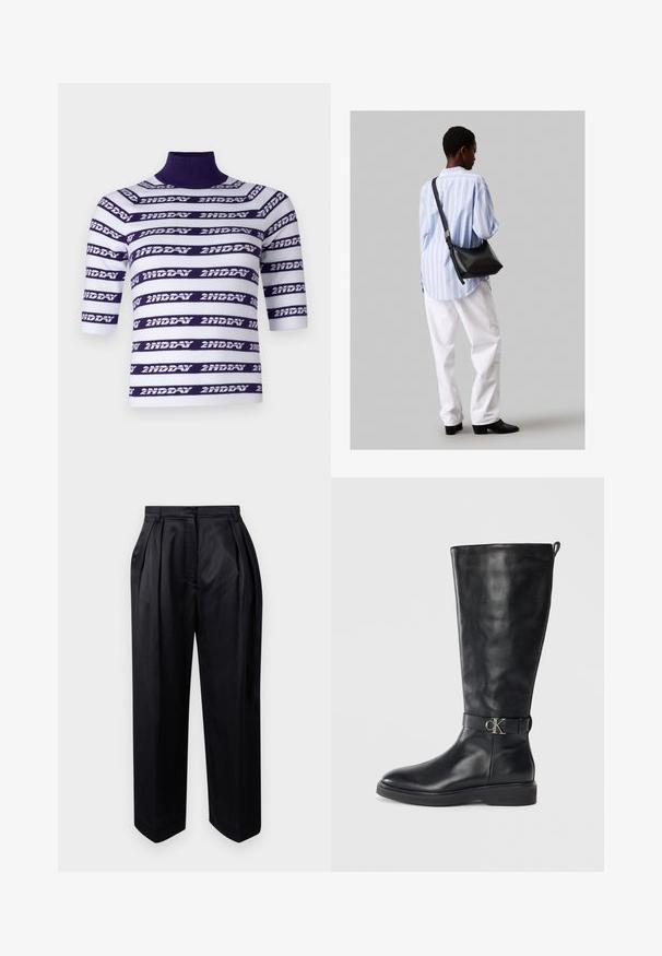 Kötött, rövid ujjú felső, magas nyakkal, vízszintes fehér és lila csíkokkal, melyeket a "2ND DAY" felirat díszít.; Fekete, magas derekú nadrág sima anyagból, gyűrt redőkkel, széles lábakkal és egyenes szabással, enyhén szűkülő szegéllyel.; Fekete bőr, térd fölé érő csizma alacsony sarkú, kerek orrú és fém "CK" logós csattal a bokáján.; Fekete bőr válltáska puha tapintással, háromszög alakú, állítható pánttal, világoskék csíkos inggel és fehér nadrággal párosítva.