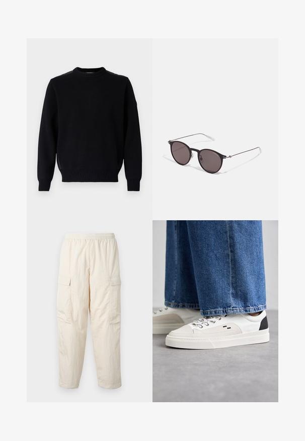 Svart strikket genser med rund hals, ribbede mansjetter og nederkant. Har sidedeler og en liten logo på ermet.; Beige cargo bukser med elastisk talje, som har to sidelommer og et blødt, let stof. Stribet tekstur.; Hvite og svarte joggesko med en glatt læroverdel, teksturerte detaljer og en kraftig hvit såle. Har en klassisk snøring.; Sorte, runde solbriller med mørke linser og slanke metalarmer. Inkluderer klare temple tips og sølvfargede detaljer ved hengslet. Minimalistisk design.