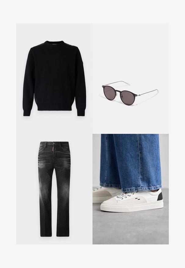 Juodas megztinis su apvaliu kaklu, su raštuotomis rankogaliais ir apatine dalimi. Yra šoninės skardos ir mažas logotipas ant rankovės.; Juodi džinsai su tiesiu kirpimu. Spalvoti svyrantys plotai, šiek tiek sugadinti, klasikinis penkių kišenių dizainas ir mygtuko uždarymas.; Balti ir balti sportbačiai su lygaus odos paviršiumi, tekstūruotais akcentais ir masyviu baltu padu. Turi klasiką primenančią raištelių užsegimo sistemą.; Juodos apvalios saulės akinių su tamsiais lęšiais ir plonomis metalinėmis šakomis. Įtraukti skaidrūs šventyklų galai ir sidabriniai akcentai vyrio srityje. Minimalistinis dizainas.