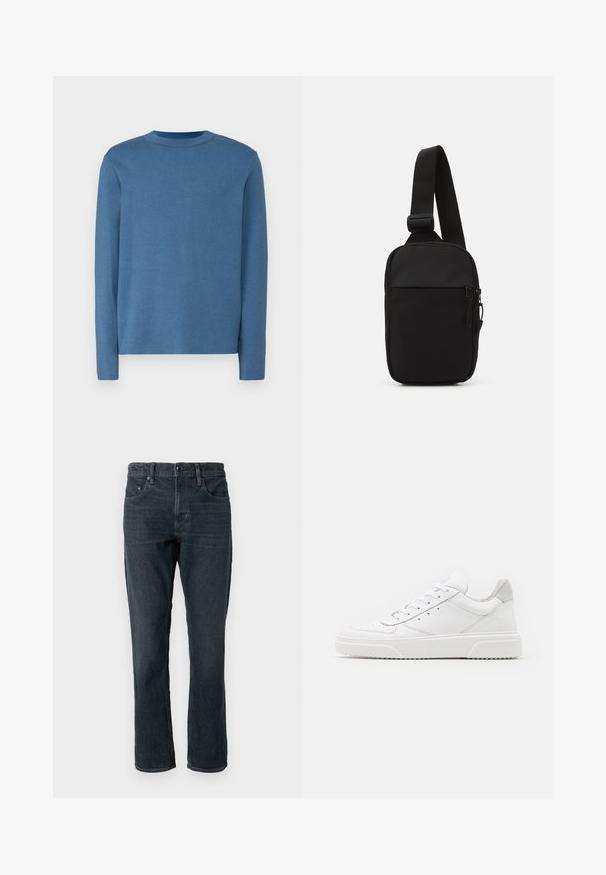 Mėlyna ilgaa rankovė megztinis, apvalus iškirptė, švelni tekstūra, banguoti rankogaliai ir hem. Paprastas dizainas be matomų raštų ar akcentų.; Tamsiai mėlynos džinsinės kelnės su tiesia siluetu, penkių kišenių dizainu ir mygtuko uždarymu. Turintys subtilų nublukimą ir kontrastingą siuvinėjimą.; Balti odiniai sportbačiai su lygiu paviršiumi, apvaliu pirštu, plokščiomis raištelėmis ir struktūrizuota padu. Pilko zimšo akcentas ant kulno.; Juodas per petį nešiojamas krepšys, pagamintas iš patvarios medžiagos, su vienu reguliuojamu diržu, užtrauktuku užsidarančia pagrindine kišene ir priekyje esančia kišene.