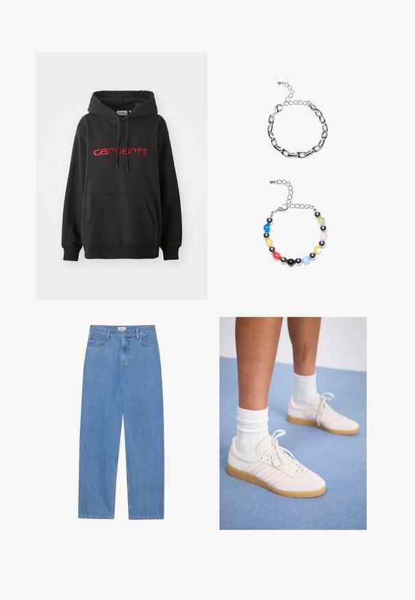 Čierna mikina s kapucňou vyrobená z bavlnenej zmesi, s predným vreckom, rebrovanými manžetami a červeným vyšitým logom "carhartt" na hrudi.; Hladký úpletový crop top, ktorý má gradientný vzor od žltej po svetlo fialovú, s priliehavým strihom a okrúhlym výstrihom.; Svetlomodré denimové nohavice s rovnými nohavicami, dizajnom s piatimi vreckami, zapínaním na jeden gombík a jemnými švovými detailmi.; adidas Originals HANDBALL SPEZIAL - Tenisky - orbit grey/wonder quartz/gum; Strieborný náramok z reťazí s predĺženými článkami navrchu. Dole je farebný náramok z korálok s čiernymi, modrými, zelenými, žltými, červenými a priehľadnými korálkami.