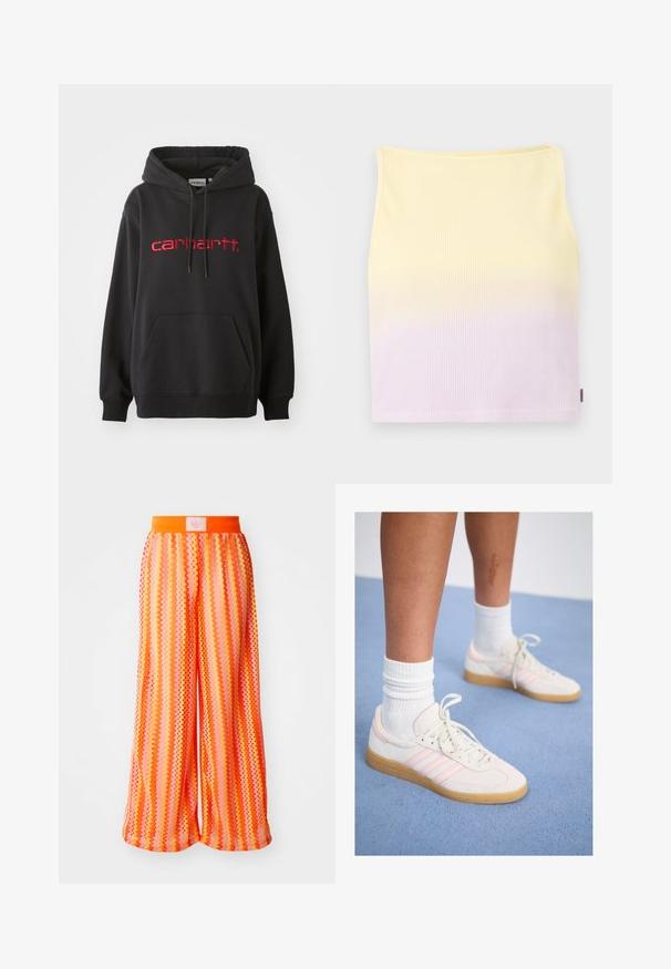 Schwarzer Hoodie aus Baumwollmischung, mit einer Fronttasche, gerippten Bündchen und einem roten gestickten "carhartt"-Logo auf der Brust.; Geripptes Strick-Crop-Top, mit einem Farbverlauf von Gelb zu Helllila, in figurbetonter Form und mit einem runden Ausschnitt.; Weite Hosen mit einem Zickzackmuster in lebendigen Schattierungen von Orange und Pink, mit einem elastischen Taillenbund und einem Logostick auf der Rückseite.; Weiße und rosa Wildledersneaker mit drei rosa Streifen, hellbrauner Gummisohle und weißen, gerippten Socken. Auf blauem Teppich positioniert.