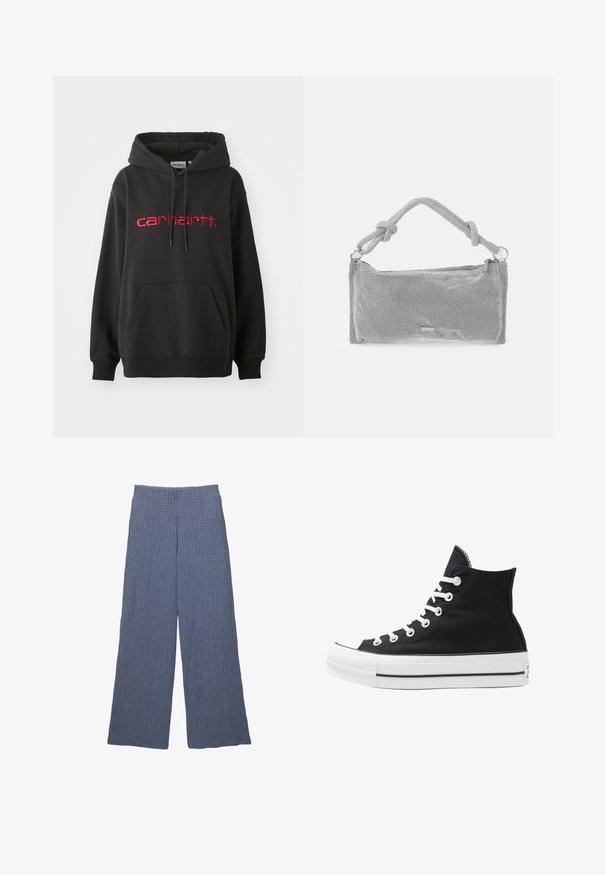 Mustapaita, joka on valmistettu puuvillasekoitteesta, sisältää etutaskun, ribbireunat ja punaisesti brodeeratun "carhartt"-logon rinnassa.; Siniset teksturoidut leveälahkeiset housut, joissa on uritettu muotoilu, korkea vyötärö ja väljät leikkaukset, sopivat rentoon pukeutumiseseen.; Korkean ylösulkeutuvan mustan kankaan lenkkitossun, jossa on valkoiset rei'itykset, nauhat ja kumipohja. Sisältää teksturoituneen kärkitilan ja musta-valkoiset raidat.; Hopeinen verkkomallinen käsilaukku, jossa on solmittu kahva, suorakaiteen muotoinen, teksturoitu pinta ja vetoketjusuljenta. Yksinkertainen, moderni muotoilu, jossa on minimaaliset koristeet.