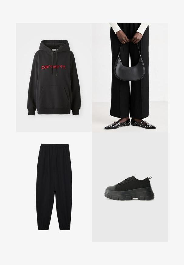 Mustapaita, joka on valmistettu puuvillasekoitteesta, sisältää etutaskun, ribbireunat ja punaisesti brodeeratun "carhartt"-logon rinnassa.; Mustat, kevyet housut, joissa on joustava vyötärö ja kerätyt nilkat. Kangas on sileä ja siinä on rento, kapeneva muotoilu.; Mustat urheilukengät, joissa on paksu kumipohja, teksturoitu kangasvarsi, pyöreä kärki ja nauhalukitus. Varusteena vahvistetut nauhareiät ja takana vetotanko.; Mustapohjainen nahkalaukku, jolla on pyöreä muoto, kiiltävä pinta ja hopeiset varusteet. Henkilöllä on päällään mustat leveälahkeiset housut ja niittilapaset.