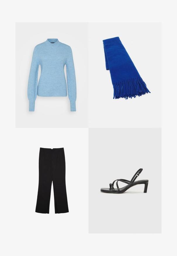 Vaaleansininen ribatutakki, jossa on korkea kaulus ja pitkät hihat, sekä teksturoitu pinta ja vartalonmyötäinen leikkaus.; Mustat housut suoralinjaisella leikkauksella, joissa on etutaskut ja sivurei'ät helman alla. Valmistettu pehmeästä ja sileästä kankaasta. Sopii eri tilaisuuksiin.; Mustat hihnalligat, joissa on neliön muotoinen kärki ja matala lohkokorko. Ominaisuuksiin kuuluu useita ohuita hihnoja ja säädettävä nilkkahihna. Valmistettu sileästä nahasta.; Sininen kudottu huivi, jossa on hapsupäät, sileä rakenne, suorakaiteen muoto ja tasainen väri ympäriinsä. Sopii kylmälle säälle.