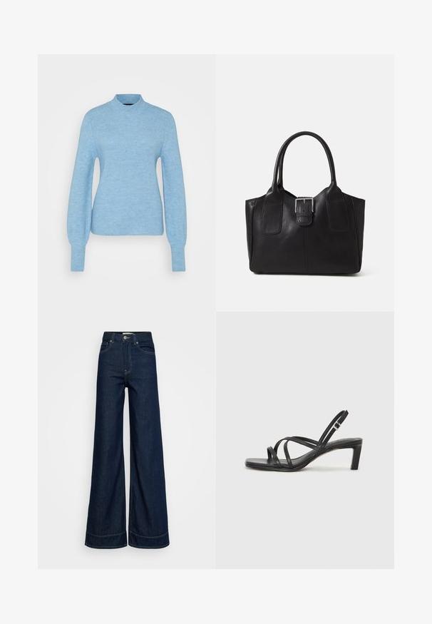 Šviesiai mėlynas raštuotas megztinis su aukštu kaklu ir ilgomis rankovėmis, turintis tekstūruotą paviršių ir prigludusią siluetą.; Tamsiai mėlynos aukšto liemens plačiakojės džinsai su priekinėmis kišenėmis, diržo kilpelėmis, mygtuko uždarymu ir matomu siuvimu ant balto fono.; Juodi šlepetės su kvadratiniu pirštu ir žemu bloku kulnu. Yra keli ploni dirželiai ir reguliuojamas kulkšnies diržas. Pagaminti iš lygios odos.; Juodas odinis nešiojamas krepšys su lygiu paviršiumi, struktūrine forma, dviem rankenėlėmis ir ryškiu sidabriniu sagties akcentu priekyje.