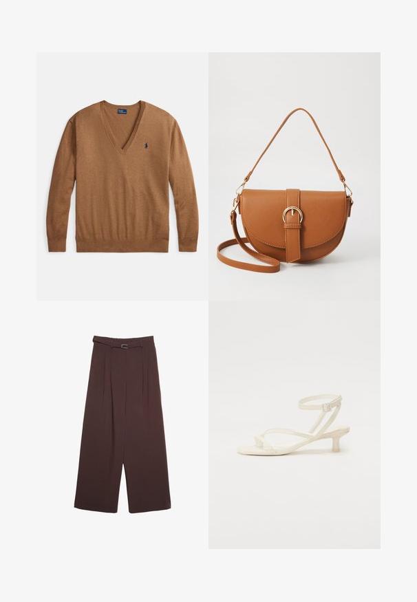 Brauner V-Ausschnitt-Pullover aus weichem Stoff, mit langen Ärmeln und einem dezenten, blauen, auf der linken Brust eingestickten Logo. Gerippter Halsausschnitt und Ärmelbündchen.; Stradivarius WIDE-LEG WITH BUCKLE DETAIL - Stoffhose - dark brown; Helle Elfenbein Sandale mit dünnen Riemen und einem niedrigen Blockabsatz. Hergestellt aus glattem Material, mit dünnen Riemen und einem Schnallenverschluss um den Knöchel.; Braune Leder-Crossbody-Tasche mit geschwungener Form, goldfarbenen Beschlägen und einer Schnallenakzentuierung. Verfügt über einen abnehmbaren Schultergurt.