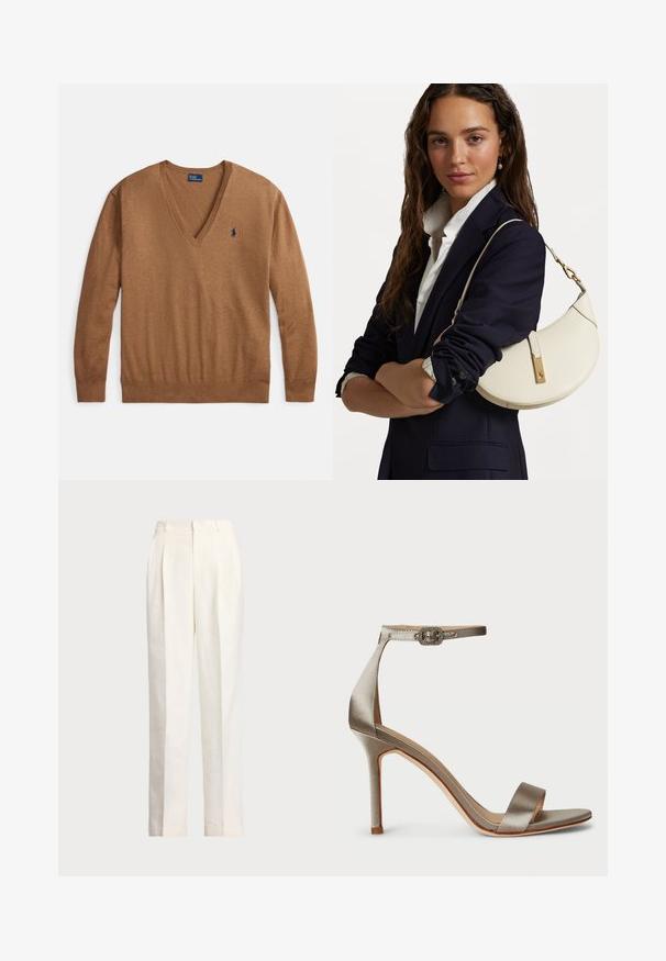 Barna V-nyakú pulóver puha anyagból, hosszú ujjal és finom, kék hímzett logóval a bal mellrészen. Bordázott nyak- és mandzsettakialakítás.; Polo Ralph Lauren HEMP WIDE LEG PANT - Nadrágok - nevis; Ezüst selyem magas sarkú szandál, bokapánttal, díszítő csattal. Nyitott orral és karcsú, elegáns dizájnnal.; Fehér bőr táska ívelt formával, arany kiegészítőkkel és texturált felülettel, sötét zakó és fehér ing fölött viselve.