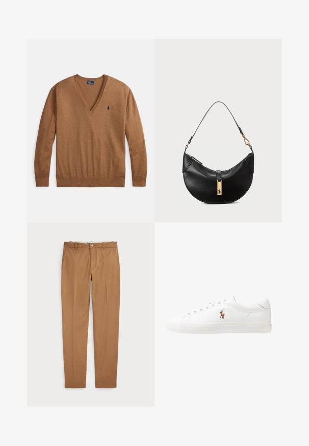 Rjav pulover z v-izrezom iz mehke tkanine, z dolgimi rokavi in subtilnim modrim vezenim logotipom na levi strani prsnega koša. Rebrast izrez in zapestja.; Rjave bombažne hlače s slim-fit obliko, ravnim sprednje delom in standardnimi žepi; gladka tekstura in obrobljeni robovi.; Bela usnjena teniski čevlji, nizki model, z gladko teksturo, okrogle konice, vezavi spredaj ter majhnim vezenim logotipom na strani.; Črna usnjena torbica v obliki polmeseca. Ima zlato kovinsko dekoracijo in ozek trak. Gladka tekstura, z zadrgo na vrhu.