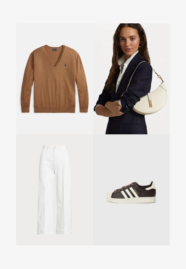 Hnědý svetr s výstřihem do V z měkké tkaniny, s dlouhými rukávy a jemným modrým vyšitým logem na levé straně hrudi. Žebrovaný výstřih a manžety.; Bílé kalhoty s širokými nohavicemi a vysokým pasem, s knoflíkovým zapínáním a jemnými detaily prošívání. Vyrobené z bavlny s hladkou texturou.; Nízký teniska Adidas Superstar z tmavě hnědé kůže s krémovou špičkou, bílými pruhy a nápisem "Superstar" na boku.; Bílá kožená kabelka zakřiveného tvaru, se zlatými doplňky a texturovaným povrchem, nošená přes tmavý blazer a bílou košili.