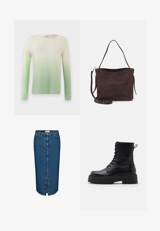 Maglione a maglia con scollatura a barca e maniche lunghe, che passa dal crema nella parte superiore a un verde chiaro nella parte inferiore. Texture liscia.; Gonna a tubino in denim blu scuro, con uno spacco frontale, cinque tasche e cuciture a contrasto. Vita medio-alta con un design classico.; Stivaletti in pelle nera alla caviglia con punta rotonda, lace-up frontale e suola in gomma spessa con battistrada textured. Tassello sul retro.; Borsa a spalla in suede marrone con una texture morbida, caratterizzata da una singola tracolla e un'apertura superiore leggermente curvata. Nessun dettaglio hardware visibile.