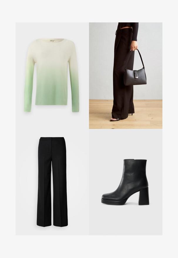 Πλεκτό πουλόβερ με λαιμόκοψη boat και μακριά μανίκια, εναλλάσσοντας το κρεμ από πάνω με ανοιχτό πράσινο από κάτω. Λείος υφής.; Μαύρο παντελόνι φαρδύς ποδός με λείο ύφασμα, που διαθέτει ψηλή μέση, ραφές με κοπή και μινιμαλιστικό σχέδιο. Χωρίς ορατά αξεσουάρ ή τσέπες.; Μαύρη δερμάτινη μποτάκι στον αστράγαλο με τετράγωνο τακούνι και πλατφόρμα, απεικονισμένο από το πλάι σε λευκό φόντο.; Μαύρη τσάντα χειρός με δομημένο σχήμα, λεία υφή και μεταλλικό κούμπωμα. Συνδυασμένη με φαρδιά μαύρα παντελόνια και σανδάλια ανοιχτής μύτης πάνω σε ξύλινο πάτωμα.