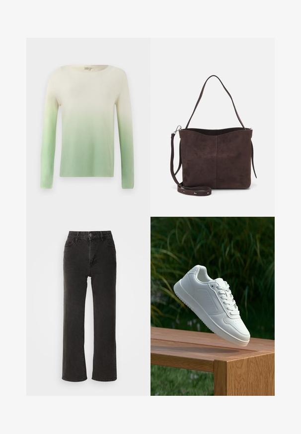 Maglione a maglia con scollatura a barca e maniche lunghe, che passa dal crema nella parte superiore a un verde chiaro nella parte inferiore. Texture liscia.; Jeans neri a gamba larga in denim, caratterizzati da una chiusura frontale con bottone, passanti per cintura e cinque tasche, con una texture leggermente sbiadita.; Sneaker bianco con tomaia in sintetico liscio, punta perforata, lacci piatti e suola testurizzata, esposto su una superficie di legno.; Borsa a spalla in suede marrone con una texture morbida, caratterizzata da una singola tracolla e un'apertura superiore leggermente curvata. Nessun dettaglio hardware visibile.