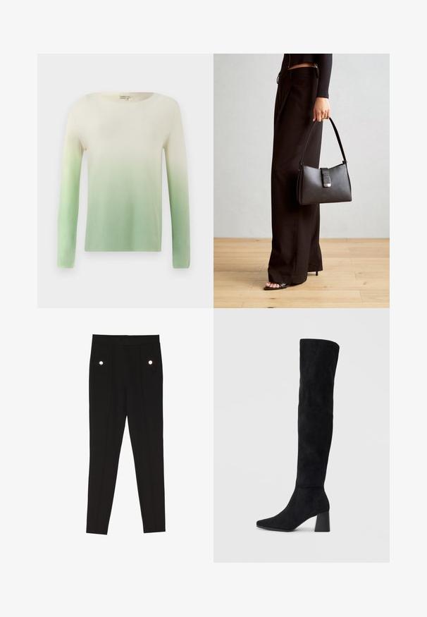 Strickpullover mit Bootsausschnitt und langen Ärmeln, der von Creme oben zu Hellgrün unten übergeht. Geschmeidige Textur.; Schwarze maßgeschneiderte Hosen mit einer glatten Textur, ausgestattet mit zwei vorderen Taschen mit dekorativen Hardware-Akzenten und einem Slim-Fit-Design.; Schwarze Wildleder-Stiefel bis zum Knie mit Blockabsatz, spitzer Zehe und glattem, nahtlosem Design auf einem schlichten, hellen Hintergrund.; Schwarze Handtasche mit strukturierter Form, glatter Textur und einem metallischen Verschluss. Kombiniert mit weiten schwarzen Hosen und offenen Sandalen auf einem Holzboden.