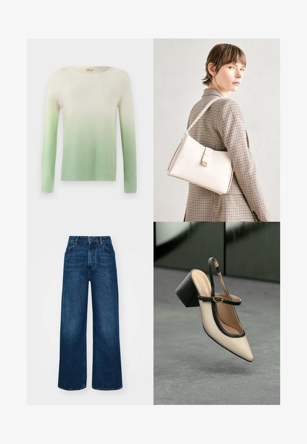 Strikkegenser med båtutringning og lange ermer, som går fra kremfarge øverst til lysegrønn nederst. Jevn tekstur.; Høyt liv, vide jeans i mørk blå denim med en jevn tekstur, kontrastsøm og fem-lommers design. Frontlukkning med knapp.; Beige spiss tå slingback sko med svart kant, gullspenne og tykk blokkheel på grått gulv med mørkegrønn bakgrunn.; Hvit lær veske med en strukturert design, med magnetlås og skulderstropp, vist mot en nøytral bakgrunn.