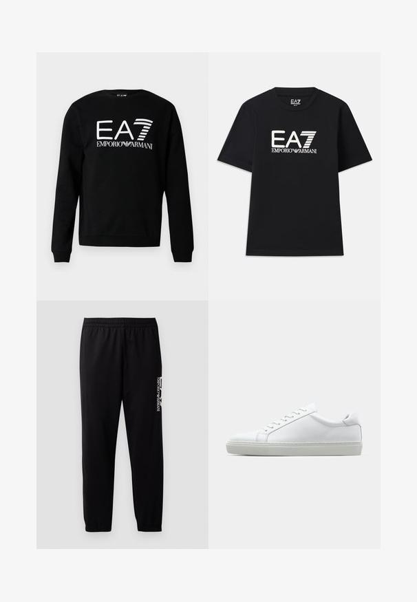 Felpa nera in misto cotone, con logo grafico bianco "EA7 Emporio Armani" sul davanti. Girocollo e polsini a coste.; Maglietta nera in cotone con scollo rotondo e maniche corte. Logo ricamato "EA7 EMPORIO ARMANI" in bianco sul davanti.; Pantaloni sportivi neri realizzati in tessuto liscio, con vita elastica e polsini, e un logo a contrasto stampato sul lato.; Sneaker bianco con tomaia in pelle liscia e profilo basso. Presenta una punta arrotondata, sei occhielli e una suola in gomma testurizzata.