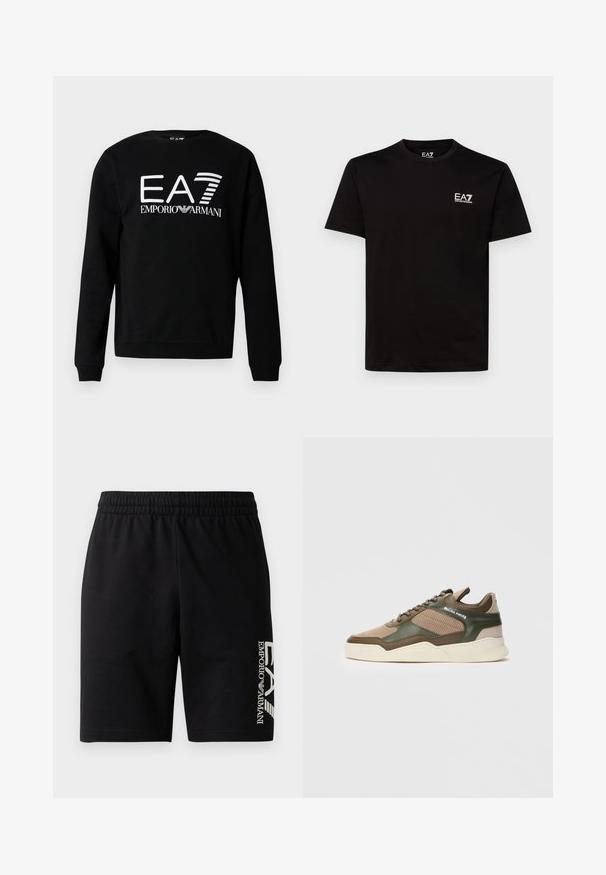 Melns sporta džemperis no kokvilnas maisījuma, priekšpusē ar baltu grafisko logotipu "EA7 Emporio Armani". Apaļa kakla izgriezums un riboti apkaši.; Melns kokvilnas T-krekls ar apaļu kakla izgriezumu, īsām piedurknēm un mazu balto EA7 logotipu kreisajā krūtīs. Gluda tekstūra un regulāra piegriezte.; EA7 Emporio Armani TRAIN VISIBILITY - Šorti - black/cream; Beige un zaļi zemi sporta apavi ar perforētām malām, baltu zoli, sasienamu priekšpusi un "FILLING PIECES" zīmolu sānu panelī.