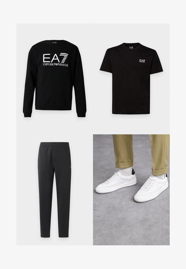 Svart sweatshirt i bomullsblandning med en vit grafisk logotyp "EA7 Emporio Armani" på framsidan. Rund halsringning och ribbade muddändar.; Svart bomulls t-shirt med rund hals, korta ärmar och liten vit EA7-logotyp på vänster bröst. Slätt material och vanligt passform.; Svarta joggingbyxor i mjukt tyg, med elastisk midja, raka ben och en liten logotypdetalj på sidan.; Vita sneakers med en texturerad läderfinish, rund tå och svart häldetalj. Gummisul med litet mönster och sydd detalj.
