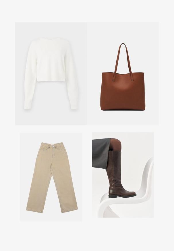 Maglione corto bianco con maniche lunghe, texture a coste e scollatura rotonda. Realizzato in un materiale morbido e leggero.; Pantaloni larghi beige in denim, con vita alta, tasche frontali e cuciture a contrasto. Il design include una chiusura con bottone.; Stivale in pelle marrone alto fino al ginocchio con punta arrotondata, superficie liscia e dettagli di cucitura minimi, posato su uno sfondo chiaro su una sedia bianca.; Borsa tote in pelle marrone con texture liscia, design con apertura superiore e due spallacci. Presenta cuciture minime e nessun hardware visibile.
