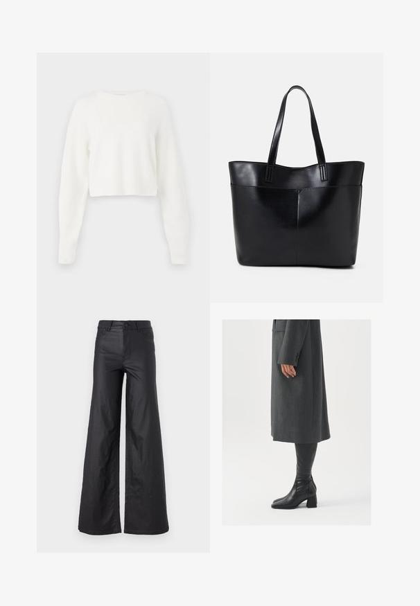 Biały, krótki sweter z długimi rękawami, ribbed texture i okrągłym dekoltem. Wykonany z miękkiego, lekkiego materiału.; Czarne, szerokie spodnie z materiału przypominającego skórę. Posiadają wysoki stan, szlufki na pasek, dwie przednie kieszenie oraz przeszycia.; Szary, dopasowany płaszcz o prostym kroju; zestawiony z czarnymi skórzanymi kozakami do kolan z kwadratowym noskiem i grubym obcasem.; Czarna skórzana torba na ramię z dwoma długimi uchwytami, gładką teksturą i sztywną formą. Posiada przednią kieszeń dla dodatkowego przechowywania.