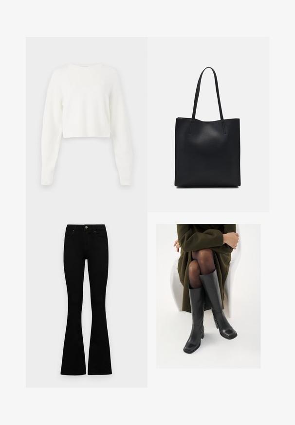 White cropped sweater with long sleeves, ribbed texture, and a round neckline. Made from soft, lightweight material.; Black high-waist jeans with a button and zip closure, front pockets, and flared legs laid flat on a white background.; Knee-high black leather boots with a squared toe and block heel, shown with a model seated in an olive green coat. Smooth texture, minimal detailing.; Black leather tote bag with smooth texture, rectangular shape, and two long handles. No visible hardware or embellishments.