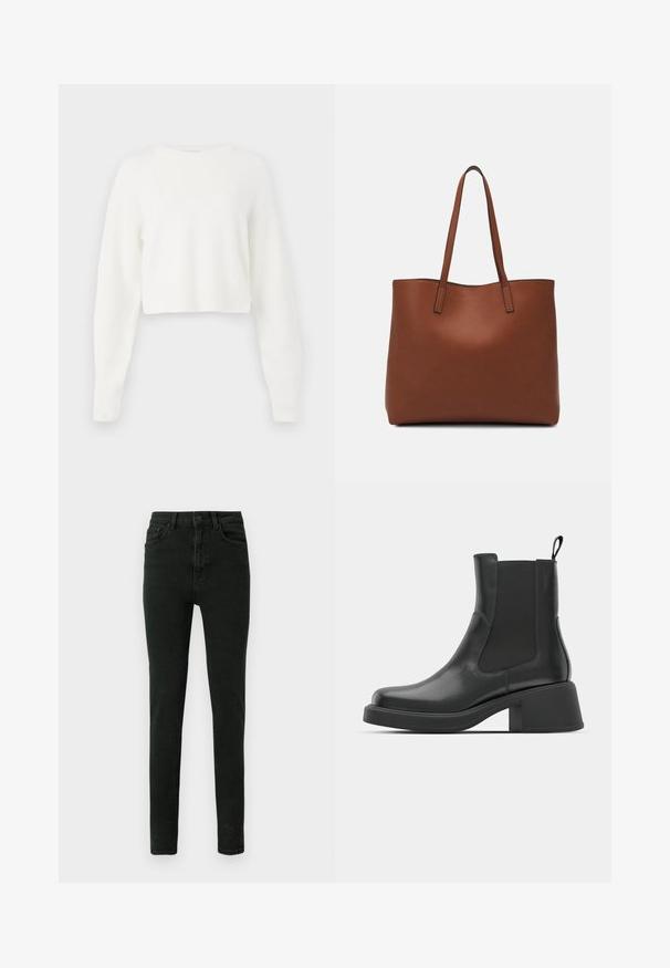 Maglione corto bianco con maniche lunghe, texture a coste e scollatura rotonda. Realizzato in un materiale morbido e leggero.; Jeans neri a vita alta in taglio slim, realizzati in denim con una texture sottile, dotati di cinque tasche e chiusura con bottone frontale.; Stivaletti neri in pelle con pannelli laterali elastici, punta arrotondata e tacco a blocco spesso. Texture liscia con un design minimalista.; Borsa tote in pelle marrone con texture liscia, design con apertura superiore e due spallacci. Presenta cuciture minime e nessun hardware visibile.