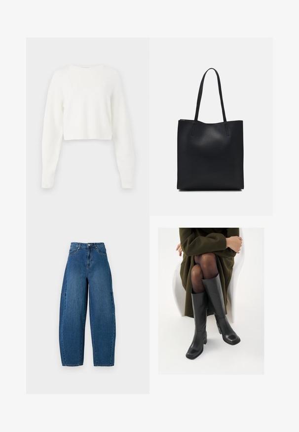 Sweater branco cortado com mangas longas, textura canelada e decote redondo. Feito de material suave e leve.; Denim jeans em um tom de azul médio, apresentando uma cintura alta, corte largo e design padrão de cinco bolsos com detalhes de costura visíveis.; Botas de couro pretas até ao joelho com biqueira quadrada e salto em bloco, apresentadas com um modelo sentado num casaco verde-azeitona. Textura lisa, com detalhes mínimos.; Bolsa tote preta em couro com textura lisa, forma retangular e duas alças longas. Sem hardware ou enfeites visíveis.