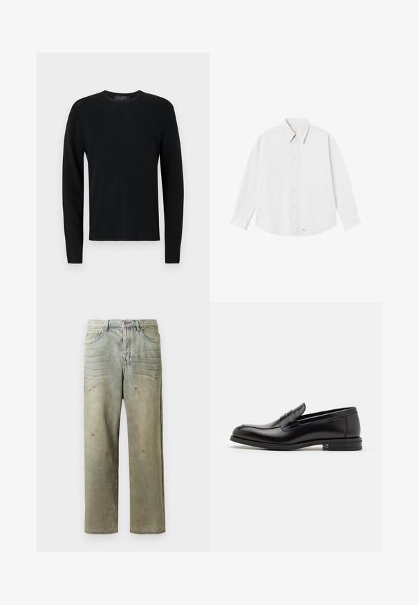 Czarny bawełniany sweter z długim rękawem o ryflowanej fakturze, okrągłym dekolcie i dopasowanych rękawach. Prosty design bez wzorów ani akcentów.; Biała koszula z długim rękawem i klasycznym kołnierzykiem, o zaokrąglonym dole; na dole po lewej stronie znajduje się małe pomarańczowe logo.; Zniszczone dżinsy w jasnym zielonym kolorze, z prostymi nogawkami, pięcioma kieszeniami oraz nierównomiernym blaknięciem i plamami farby.; Czarne skórzane mokasyny o gładkiej fakturze, zaokrąglonym nosku i dekoracyjnym pasku na przodzie. Niski, warstwowy obcas, minimalistyczny design.