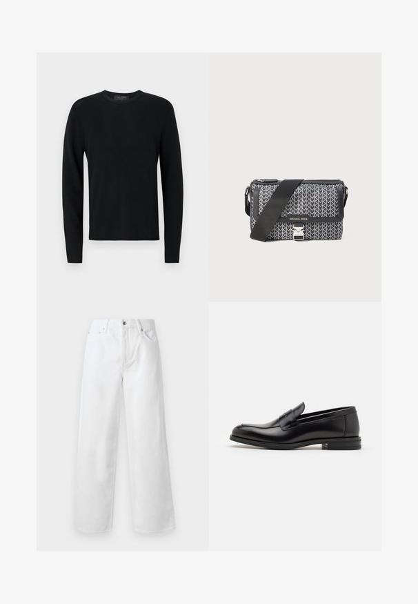 Melnas kokvilnas džemperis ar garām piedurknēm, ribota tekstūra, apaļa kakla izgriezums un pielāgotas piedurknes. Vienkāršs dizains bez rakstiem vai akcentiem.; rag & bone BAGGY - Plati džinsi - white; Melnas ādas kurpes ar gludu tekstūru, noapaļu purngalu un dekoratīvu siksniņu pāri priekšpusei. Zems sakrauts papēdis, minimālisma dizains.; Melnas un pelēkas rakstotas plecu soma ar ģeometrisku dizainu, ar rāvējslēdzēju un sudraba toņu aparatūras akcentu. Iekļauta regulējama siksna.