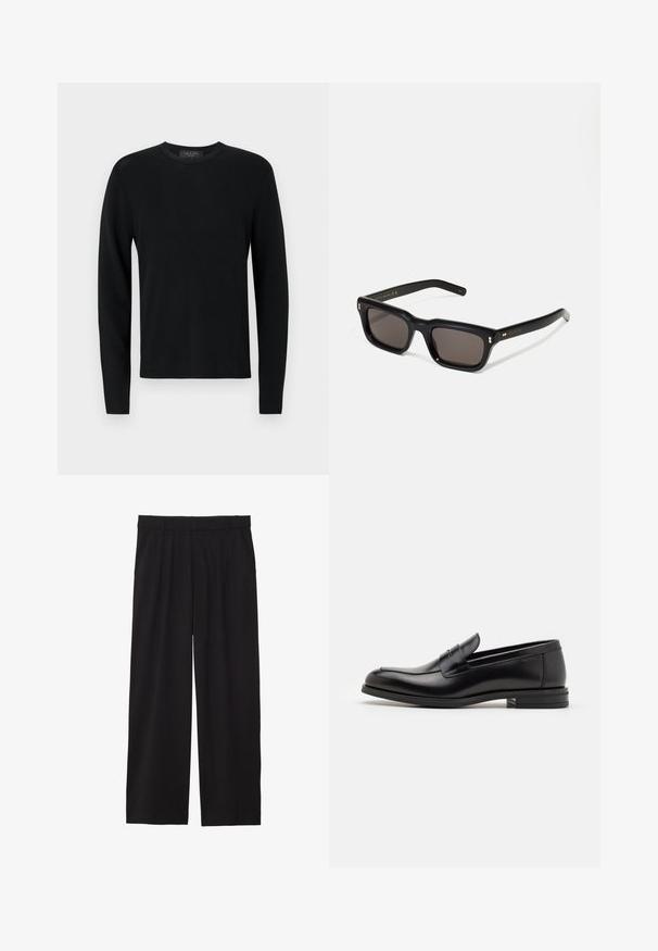 Svart bomull långärmad tröja med ribbad struktur, rund hals och åtsittande ärmar. Enkel design utan mönster eller detaljer.; Svarta vida byxor med veckad front, sidofickor och en mjuk textur. Designade för en avslappnad passform.; Svarta läderloafers med en slät yta, rund tå och ett dekorativt band över främre delen. Låg staplad klack, minimalistisk design.; Svarta rektangulära solglasögon med mörka linser, tjock plastbåge, guldfinish på skalmarna och varumärkeslogotyp graverad på armen.; Svart läder crossbody-väska med klaffstängning, silverfärgade detaljer och två runda accenter. Utrustad med en avtagbar rem. Slät textur.