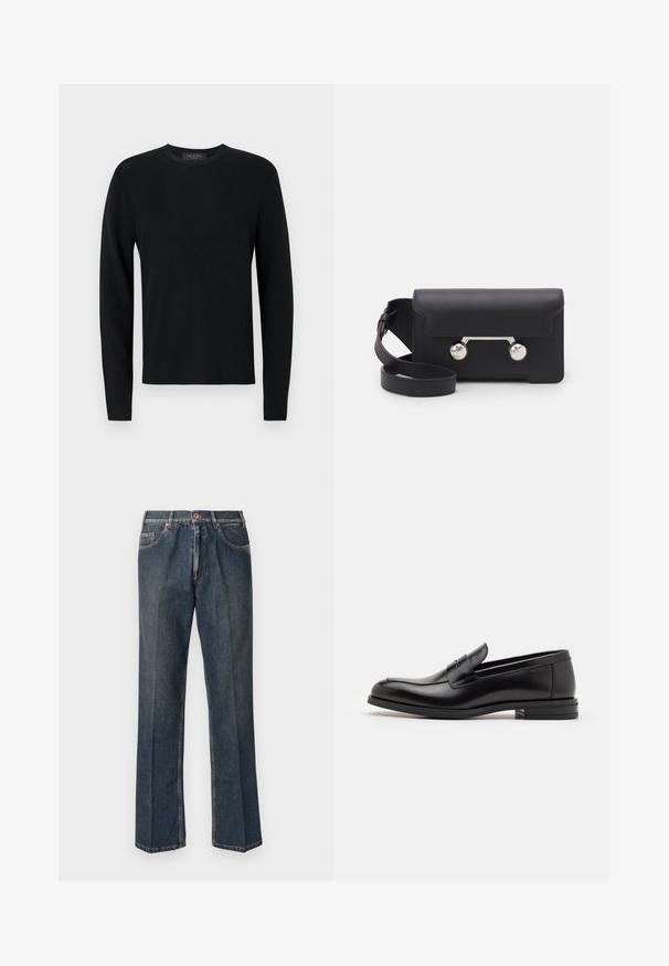 Pull longs en coton noir avec une texture côtelée, col rond et manches ajustées. Design uni sans motifs ni accents.; Jeans en denim droit bleu foncé avec un bouton à l'avant, une fermeture éclair, deux poches avant et des plis verticaux visibles le long des jambes.; Mocassins en cuir noir avec une texture lisse, bout rond et une sangle décorative sur le dessus. Talon bas empilé, design minimaliste.; Sac bandoulière en cuir noir avec un rabat, accessoires en métal argenté et deux accents ronds. Doté d'une bandoulière amovible. Texture lisse.