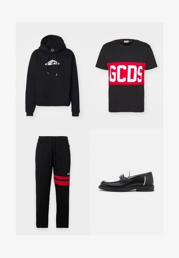 Juodas trumpas džemperis, pagamintas iš švelnios medžiagos, su raišteliu reguliuojama kapuce ir baltu logotipu ant krūtinės, su raukiniais ant rankogalių ir apatinės dalies.; GCDS BAND LOGO REGULAR - Marškinėliai su spaudiniu - black; Juodi sportiniai džinsai su kontrastingomis raudonomis juostelėmis ir logotipu šone. Yra elastinga juosmens juosta su raišteliu ir siaurėjančiais kulkšnų kraštais.; Juodas odinis loaferis su apvaliu pirštu, baltomis detalėmis ir auksinėmis detalėmis ant priekinės dalies. Turi tekstūruotą detalę ir sluoksniuotą kulną.