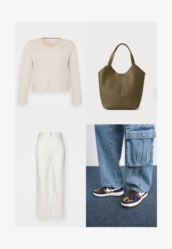 Tommy Hilfiger Curve SWEATER - Strikkegenser - classic beige heather; Hvite denimbukser med høy livhøyde og vid passform. Har knapp og glidelås lukking, beltehekter og subtile sømdetaljer.; Mørkeblå sneakers med leopardmønstrede detaljer, hvit Nike-svosh, brune snører og hvit mellomsåle. Kombinert med lyse denim cargo-bukser.; Olivengrønn skinn totebag med doble stropper, glatt tekstur og firpaneldesign. Forsterket søm langs sømmene for holdbarhet.