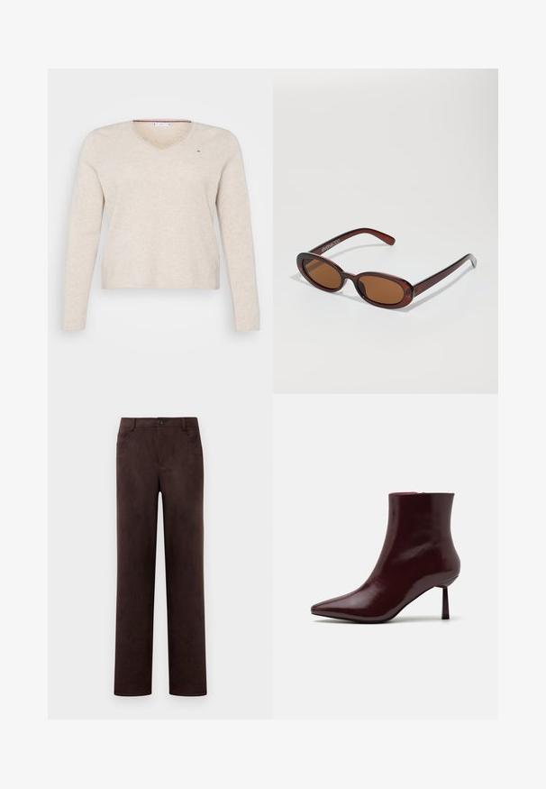 Tommy Hilfiger Curve SWEATER - Džemperis - classic beige heather; Taisnas kājas tumši brūnas zamšādas bikses ar priekšējo pogu un rāvējslēdzēju, jostas cilpiņām un sānu kabatām.; Burgundijas lakota ādas potīšu zābaciņi ar smailu purngalu un šauru stiletto papēdi, kas izceļas ar gludu, spīdīgu tekstūru un minimālistisku dizainu.; Apaļas, brūnīgi nokrāsotas saulesbrilles ar spīdīgu bordo rāmīti. Šauri kāti ar diskrētu zīmola detaļu. Plakana objektīva dizains.; Austiņota bordo rokassoma ar apaļu formu un vienu rokturi, kas ir ar teksturētu virsmu un elastīgu aukliņu aizdari.