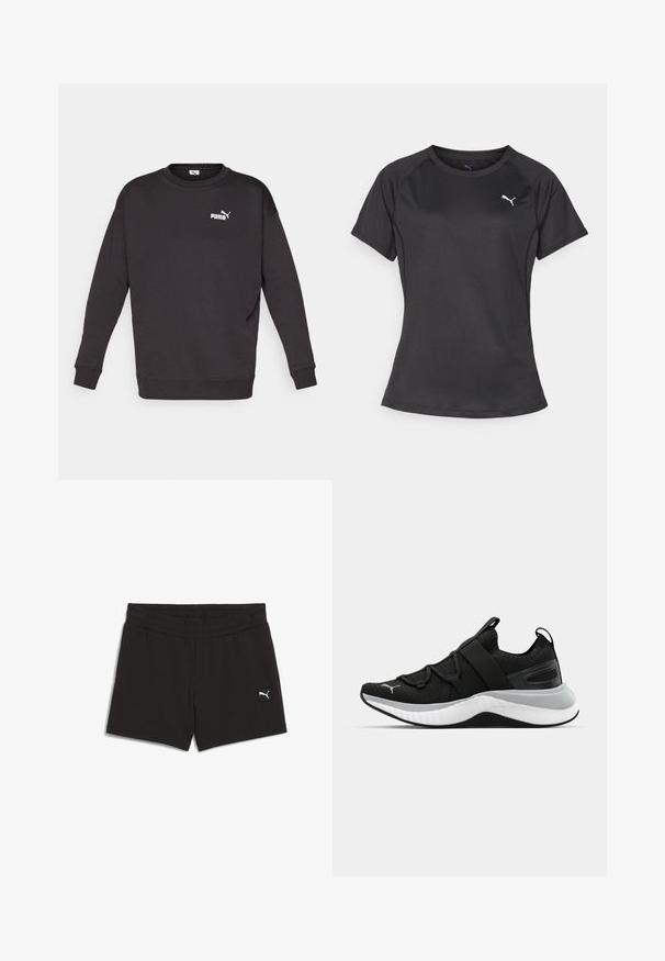 Fekete pulóver hosszú ujjakkal és kerek nyakkivágással. Bal mellen egy kis fehér Puma logó található. Puha szövetszerkezet.; Fekete, rövid ujjú sportpóló, kerek nyakkal, sima anyagból készült, bal mellkason egy kis fehér logóval.; Fekete sportnadrág elasztikus derékkal, puha anyagból készült. Kis fehér logó található az alsó bal oldalon.; Fekete sportcipő textúrázott felső résszel, rugalmas pántokkal és vastag fehér középtalppal. Szürke akcentussal rendelkezik a talp mentén.
