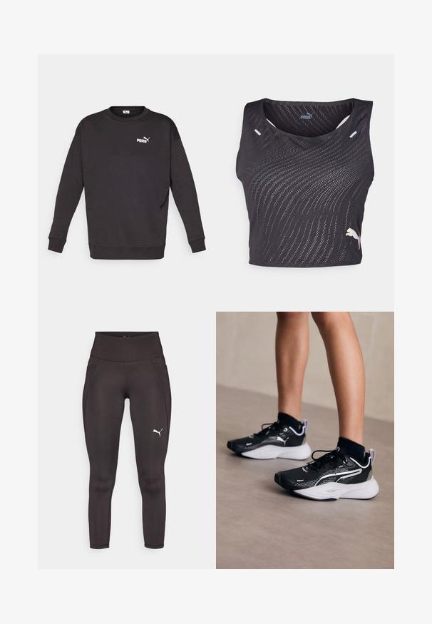 Musta huppari, jossa on pitkät hihat ja pyöreä kaula-aukko. Vasemmassa rinnassa pieni valkoinen Puma-logo. Pehmeä kangas. ; Mustaton hihaton urheilupaita, jossa on teksturoitu aallonmurtajakuosi, pieniä hengittäviä reikiä ja kontrastiväri logo helman kohdalla.; Musta urheiluleggingsit, joissa on joustava materiaali ja korkea vyötärö. Legginseissä on sivutaskut ja valkoinen logo vasemmassa lahkeessa.; Mustat urheilukengät valkoisilla yksityiskohdilla, verkkomateriaali ylhäällä, nauhat ja pehmustettu kantapää. Varustettu rakenteellisella pohjalla pidon parantamiseksi.