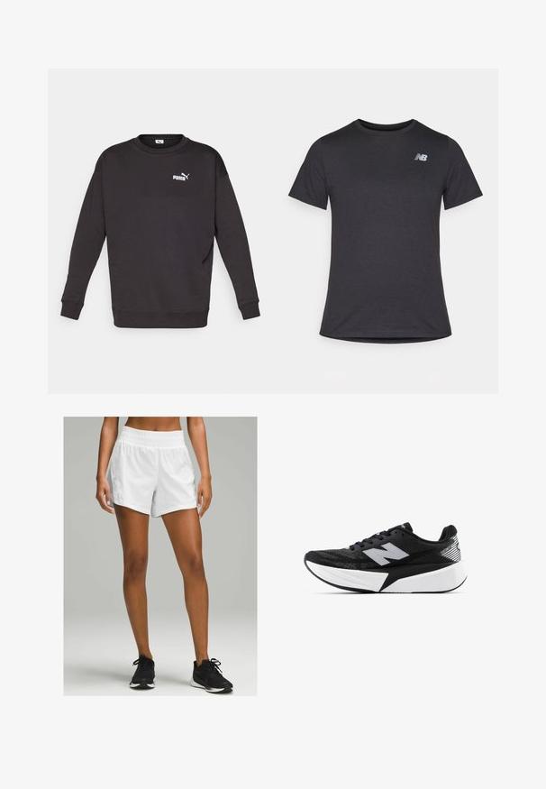 Crna dukserica dugih rukava i okruglim izrezom. Ima mali bijeli Puma logo na lijevoj strani prsnog koša. Mekana tekstura tkanine.; Crna majica s kratkim rukavima napravljena od mekanog materijala, s malim sivim New Balance logotipom na gornjem lijevom dijelu prsnog koša, klasičnog dizajna s kružnim izrezom.; Bijele atletske šortse sa elastičnim pojasom, s laganom, glatkom teksturom i opuštenim krojem. Nosi se uz crne tenisice za trčanje.; Crno-bijela New Balance trkačka cipela s debelim potplatom, mrežastim gornjim dijelom i "N" logotipom sa strane, prikazana s vanjske strane.