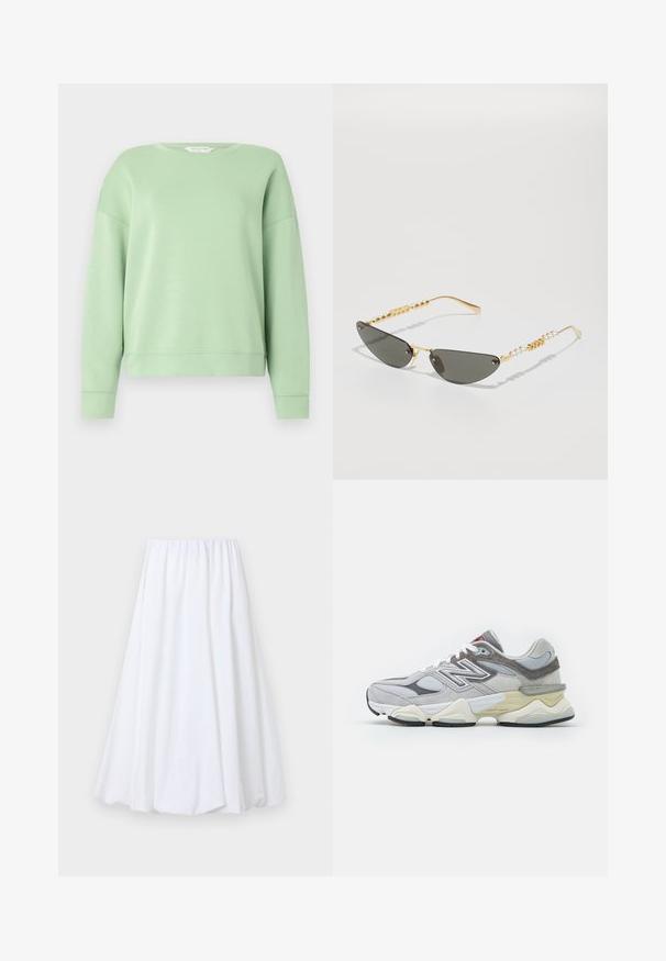 Sweatshirt verde deschis, realizat dintr-un material moale, cu guler rotund, mâneci lungi și o croială relaxată. Design simplu, fără modele sau embellishments.; Fustă albă lungă până la gleznă, cu un elastic la talie, realizată dintr-un material ușor, cu o textură netedă și o siluetă fluidă.; Sneaker din suede gri și plasă, cu o talpă groasă albă și bej, având un logo alb proeminent și detalii accent roșii.; Ochelari de soare cu ramă aurie și lentile de un gri închis. Formă unică, tip cat-eye. Temele sunt decorate cu mărgele aurii alternative și accente de perlă.
