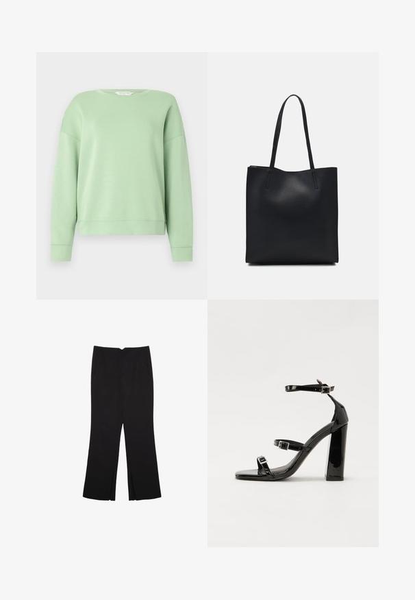 Light green sweatshirt made of soft fabric, featuring a crew neck, long sleeves, and a relaxed fit. Simple design with no patterns or embellishments.; Black trousers with a straight fit, featuring front pockets and side slits at the hem. Made of soft, smooth fabric. Suitable for various occasions.; Black patent heeled sandals with a square toe, ankle straps, and silver buckles. Features a chunky block heel for stability.; Black leather tote bag with smooth texture, rectangular shape, and two long handles. No visible hardware or embellishments.