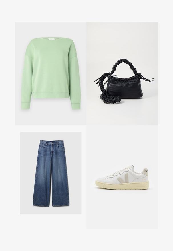 Sweatshirt vert clair en tissu doux, avec un col rond, des manches longues et une coupe décontractée. Design simple sans motifs ni embellissements.; Jean en denim bleu à jambes larges avec une finition délavée, doté d'une fermeture à bouton et à glissière, de cinq poches et de passants de ceinture.; Baskets blanches en cuir avec des accents en daim beige, boîte à orteils perforée, lacets plats et semelle texturée crème. Présente un logo discret au talon.; Sac à main en simili cuir noir avec une texture crocodile, un dessus resserré et une sangle froncée. A l'apparence douce et compacte.