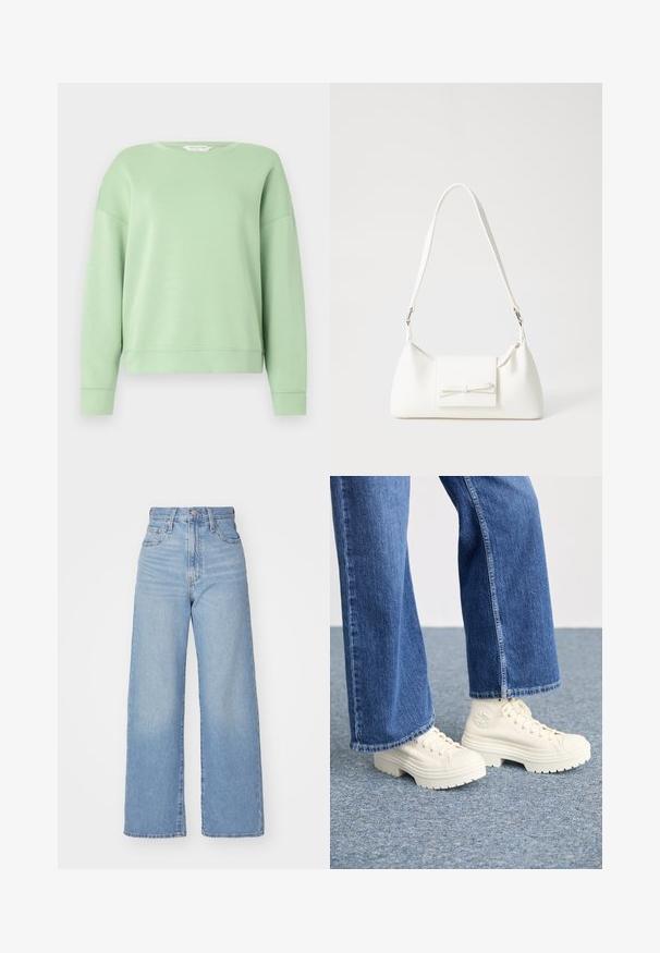 Felpa verde chiaro realizzata in tessuto morbido, con collo rotondo, maniche lunghe e vestibilità comoda. Design semplice senza motivi o decorazioni.; Jeans a vita alta blu chiaro con gamba larga, chiusura frontale con bottone e zip, tasche anteriori e posteriori, su uno sfondo bianco.; Sneaker alta bianche con suole spesse e rigate e dettaglio del logo circolare, indossate con jeans di denim azzurro chiaro a gamba larga.; Borsa sintetica bianca a forma triangolare, con patta anteriore piatta e dettaglio a fiocco, tracolla regolabile, texture liscia e design minimalista.
