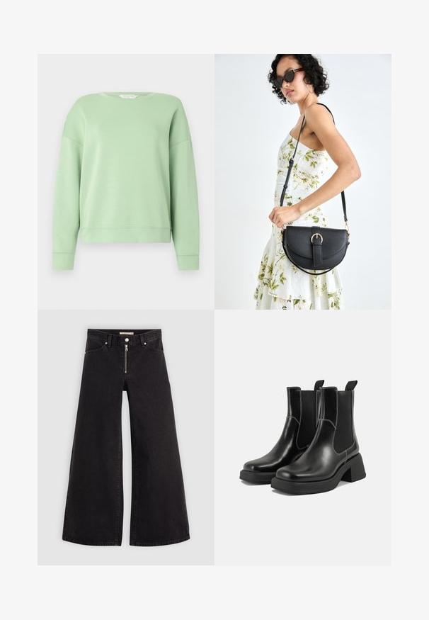 Lys grøn sweatshirt lavet af blødt stof, med rund halsudskæring, langeærmer og en afslappet pasform. Simpelt design uden mønstre eller udsmykninger.; Vide ben jeans i sort denim med lynlås foran, fem lomme-design og subtile stikninger. Glat tekstur og afslappet stil.; Sorte læder Chelsea-støvler med en kraftig hæl, elastiske sidepaneler og kontrastfarvet hvid syning. Tekstureret overflade.; Sort læderhåndtaske med en buet form, aftagelig rem og guldfinish. Tasken har en klap med en spænde detalje.