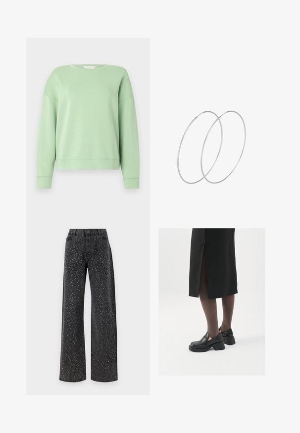 Lys grøn sweatshirt lavet af blødt stof, med rund halsudskæring, langeærmer og en afslappet pasform. Simpelt design uden mønstre eller udsmykninger.; Noisy May NMJANNEL LOOSE - Jeans Relaxed Fit - black denim; Sorte lædersko med rund tå, kraftig blokhæl og elastiske sideaccentuer, parret med mørke strømpebukser og en sort nederdel med slids.; Sølvøreringe med et minimalistisk design. Cirkulær form, glat tekstur og tynd profil. Letvægtige med en poleret overflade.