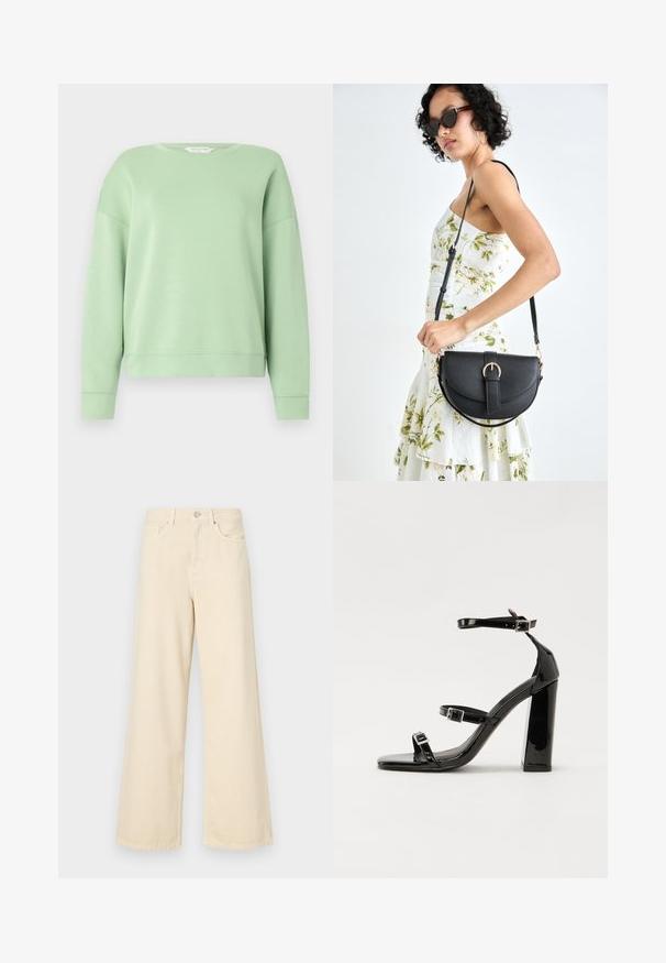 Svijetlozelena dukserica od mekog materijala, s okruglim izrezom, dugim rukavima i opuštenim krojem. Jednostavan dizajn bez uzoraka ili ukrasnih elemenata.; Bež traperice širokih nogavica napravljene od pamuka. Imaju zatvaranje na dugme, petlje za remen i prednje džepove s glatkom, mekanom teksturom.; Crne lakirane sandale na pete sa kvadratnim nosom, trakama oko gležnja i srebrnim kopčama. Imaju čvrst blok petu za stabilnost.; Crna kožna torba s lukovitim oblikom, odvojivim remenom i zlatnim detaljima. Torba ima preklop s kopčom.