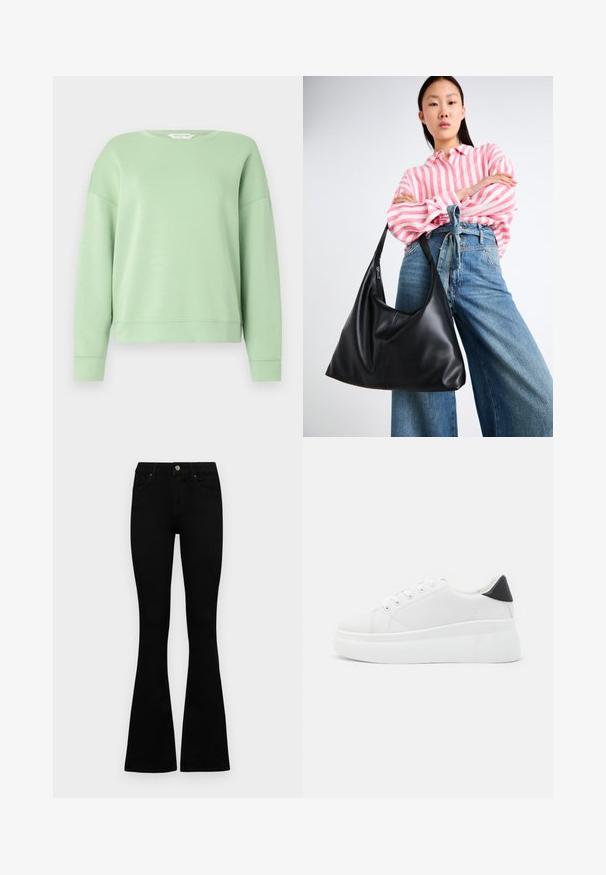 Hele roheline sviiter, mis on valmistatud pehmest kangast, omab ümmargust kaelust, pikka varrukat ja mugavat lõike. Lihtne disain ilma mustrite või kaunistusteta.; Mustad kõrge vöökohtadega teksad, millel on nööp ja lukuga sulgemine, esikäe taskud ja laienevad sääred, asetatud tasasele valgele taustale.; Valged platvormsneakerid, mis on valmistatud siledast sünteetilisest materjalist, ovaalse toe, paelkinnise disaini ja tekstuurse kummitaldiga. Must kontsrihm.; Must musta õlakott lahtise kuju ja õmbluse detailidega. Mudel kannab roosa ja valge triibulist särki koos laia jalgadega siniste teksadega.