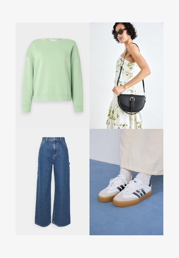Sudadera verde claro hecha de un tejido suave, con cuello redondo, mangas largas y un corte relajado. Diseño sencillo sin patrones ni adornos.; Pantalones vaqueros de pierna ancha en azul con cintura alta, costuras en contraste y bolsillos laterales, que cuentan con un diseño clásico de cinco bolsillos y dobladillos sin rematar.; Zapatillas blancas con rayas negras y acentos de ante beige. Cuentan con una suela de goma texturizada y cordones blancos planos, usadas con calcetines de color claro.; Bolso de piel negra con forma curva, correa desmontable y herrajes dorados. El bolso cuenta con una solapa con un detalle de hebilla.
